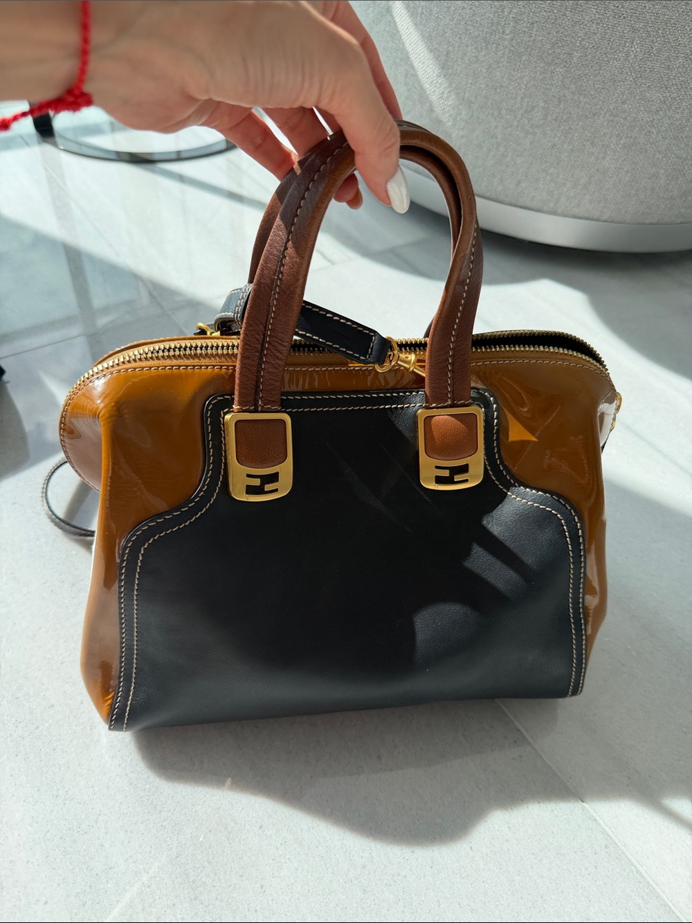 Fendi Black and Brown Patent Leather Top-Handle Satchel
